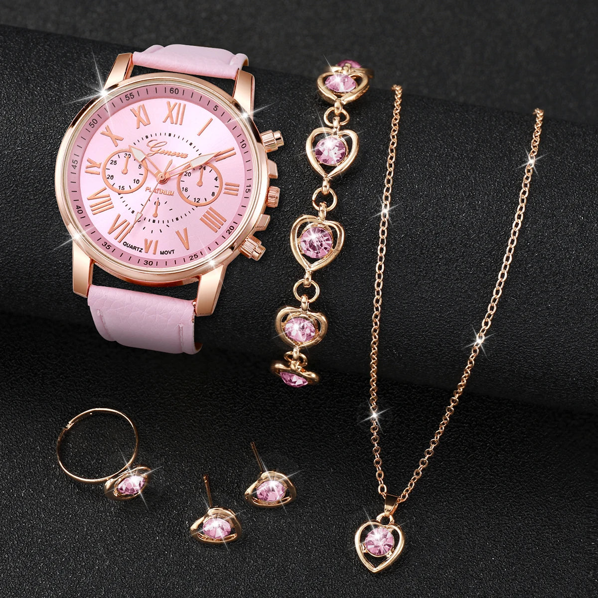 Heart Charm Watch Set With Rhinestone Jewelry Gemstone