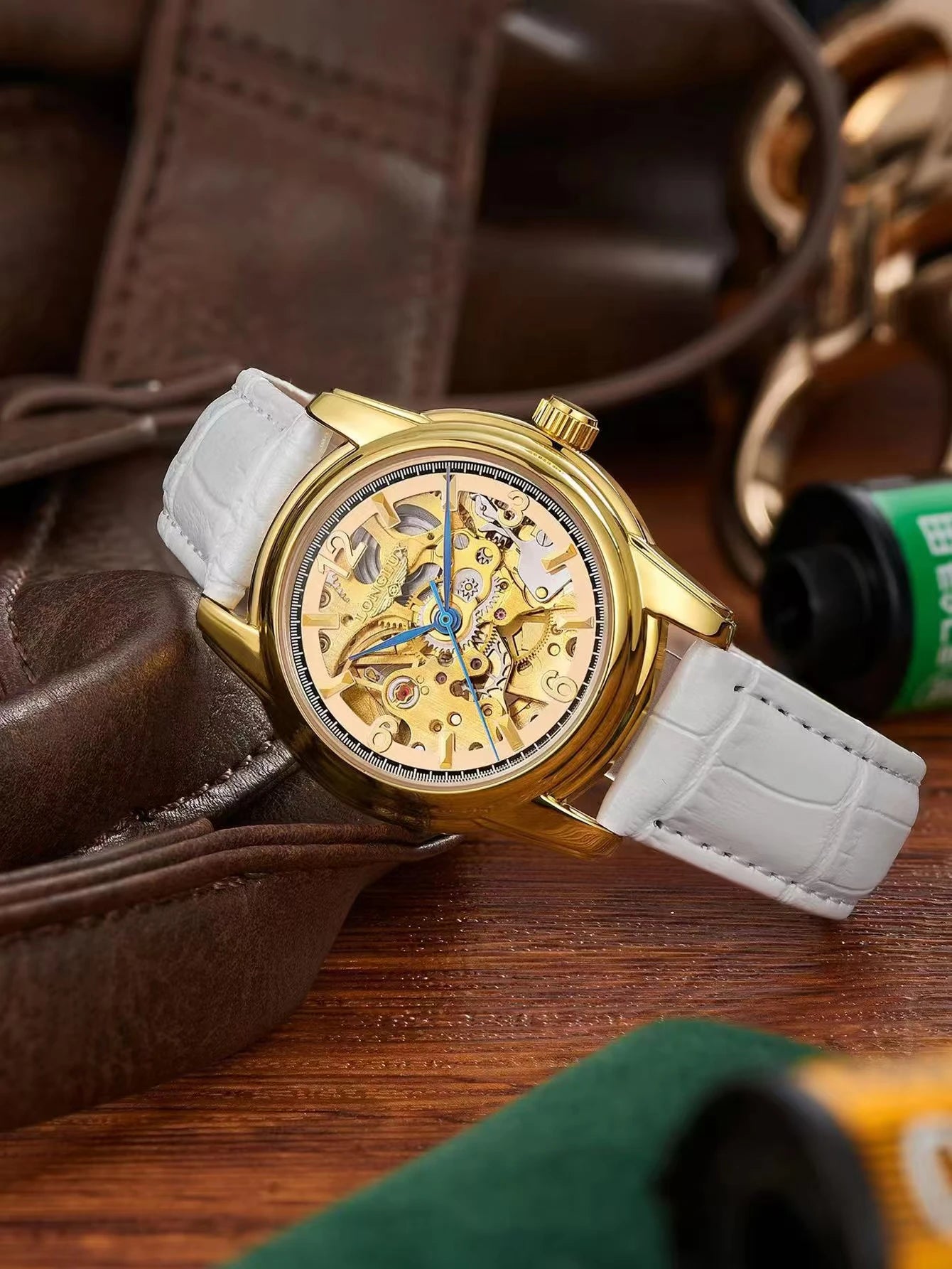 Women Automatic Skeleton Watch with Leather Strap