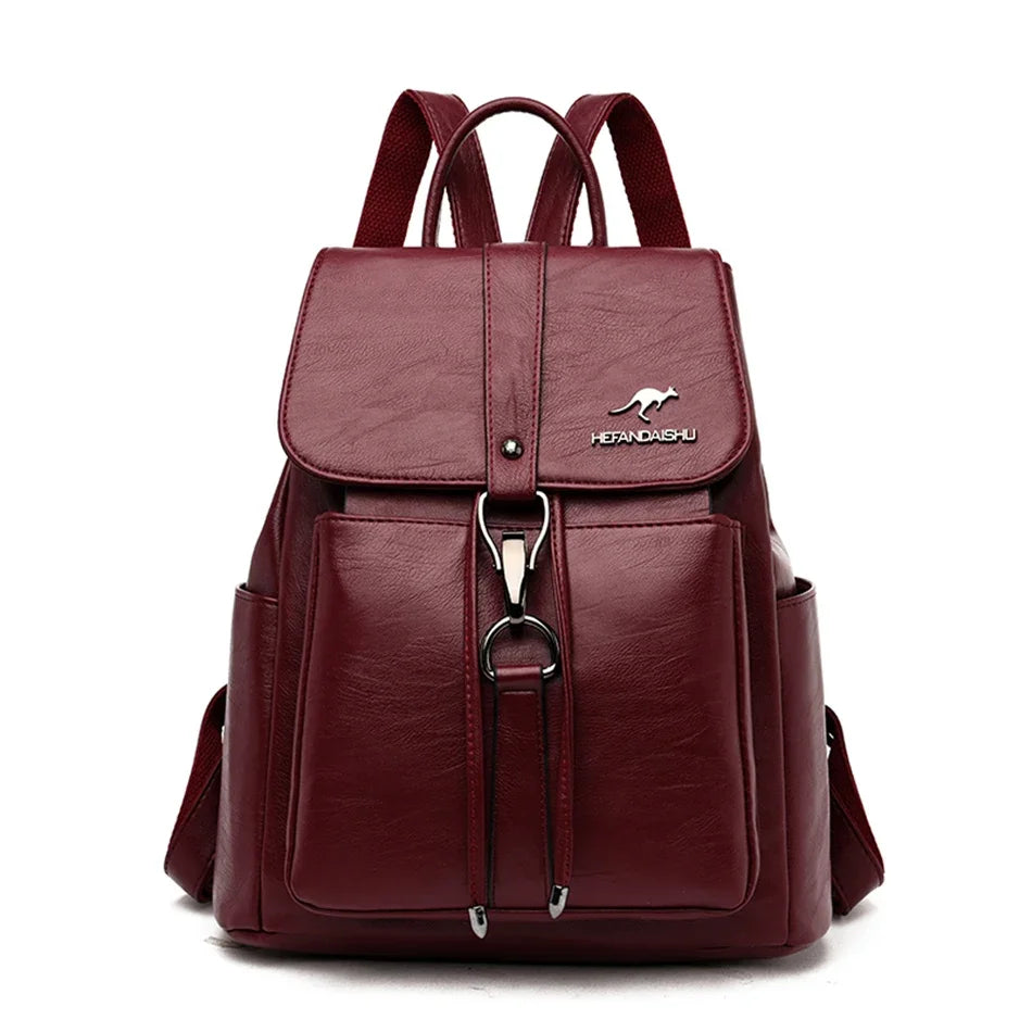 Backpack with Front Buckle Strap And Multiple Pockets - Burgundy