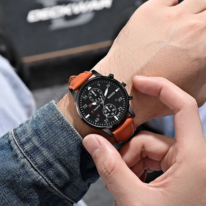 Leather Strap Chronograph Watch Casual Style Everyday