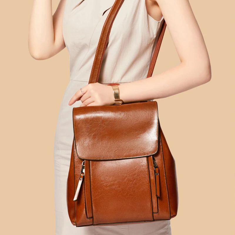 Genuine Leather Backpack with Top Handle Zipper Pockets