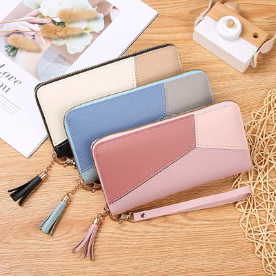 Geometric Patch Zip Wallet With Tassel Strap Wristlet