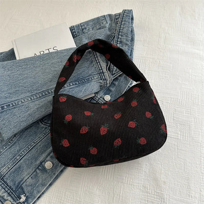 Strawberry Print Shoulder Bag Mini Purse Elegant - Black