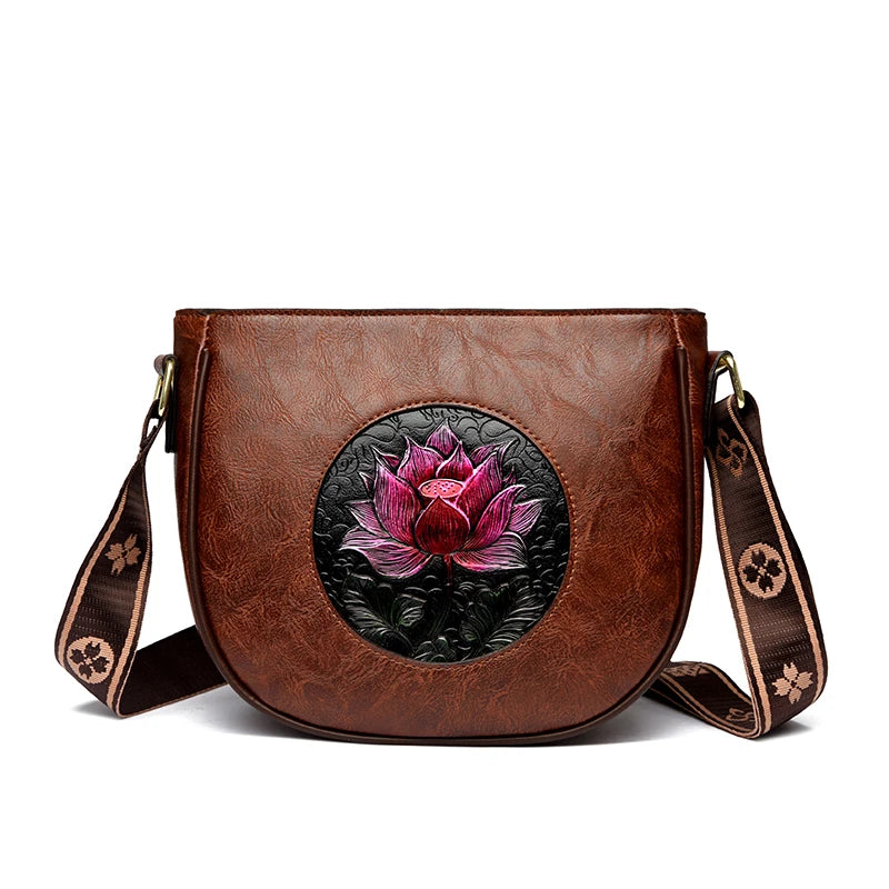 Flower Embossed Handbag with Wide Strap Circle Patch