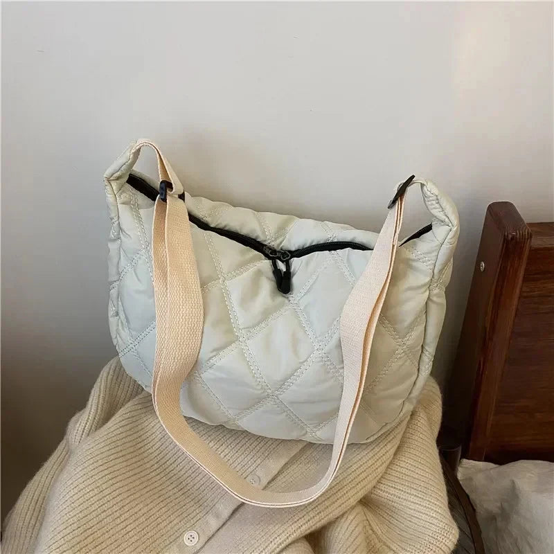 Quilted Crossbody Bag with Zipper Closure for Everyday - Beige
