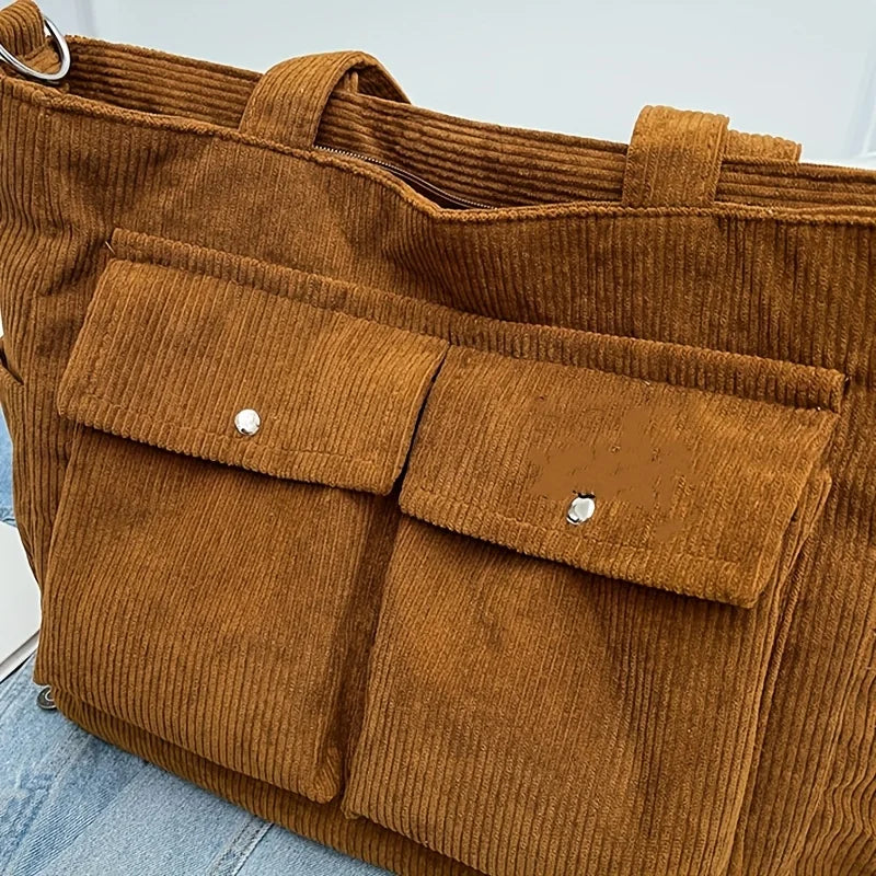 Large Capacity Corduroy Tote Bag with Front Pockets