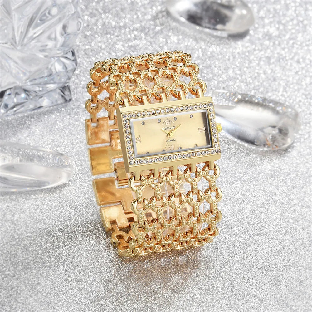 Rectangular Quartz Watch with Crystals And Bracelet