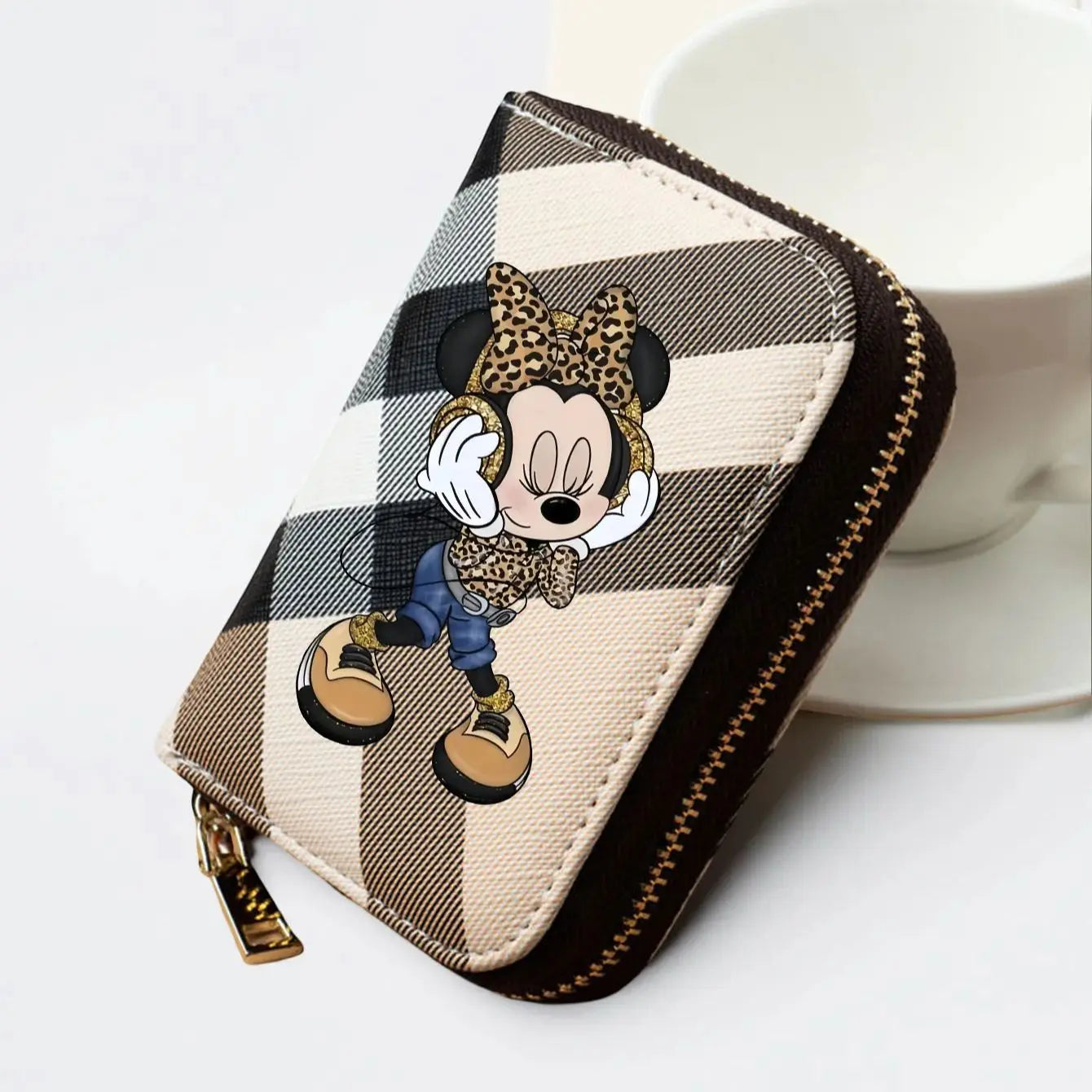 Wallet With Checkered Minnie Print Zipper Card Slots - WO2MEN
