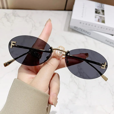 Sunglasses Diamond Oval Rimless with F Accent Frame - WO2MEN