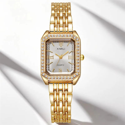 Diamond Bezel Gold Watch for Women Quartz Wristwatch
