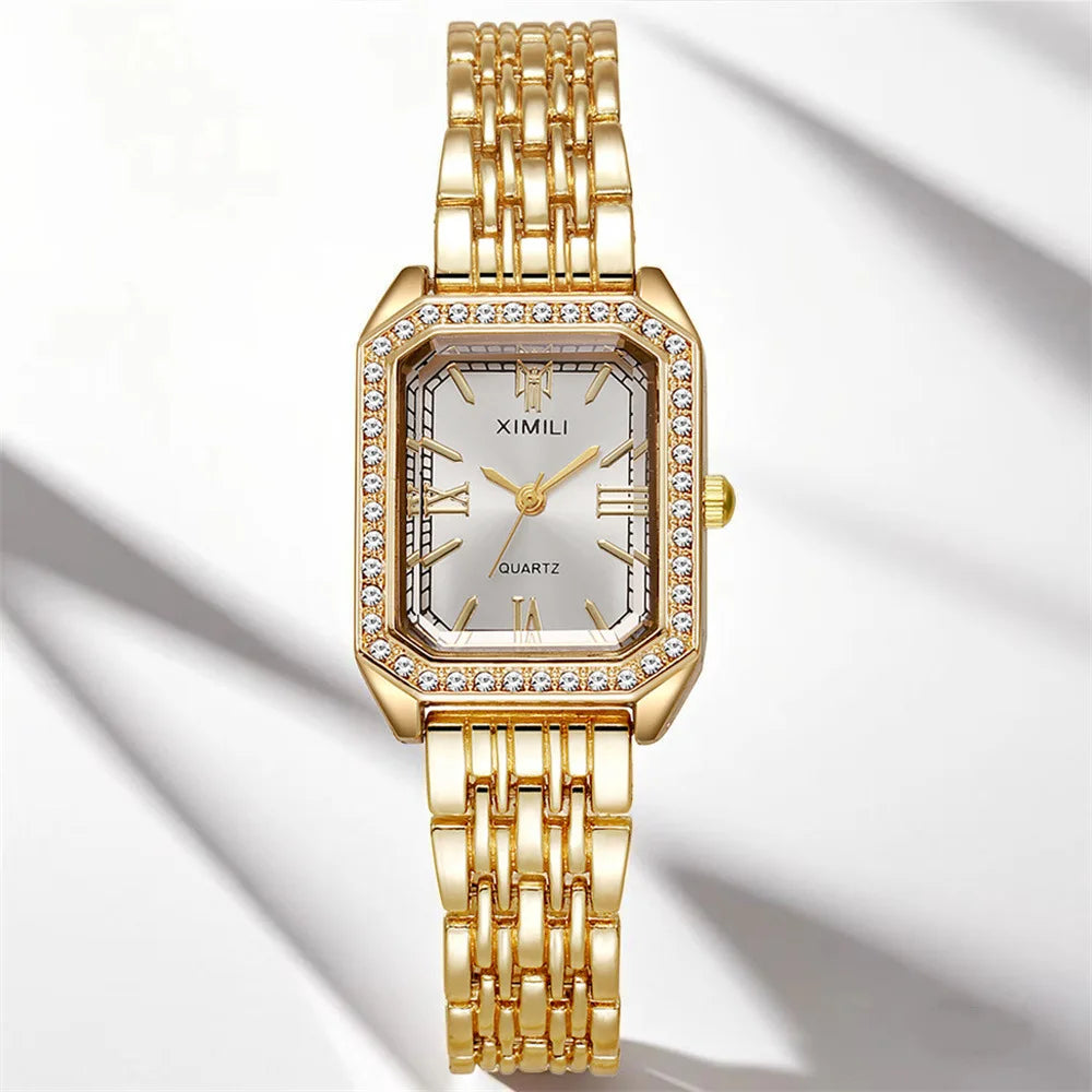 Diamond Bezel Gold Watch for Women Quartz Wristwatch