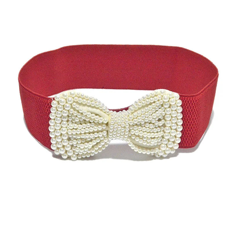 Pearl Bowknot Elastic Belt for Women Fashion Accessory - Red