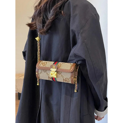 Cylindrical Crossbody Bag With Gold Lock And Chain