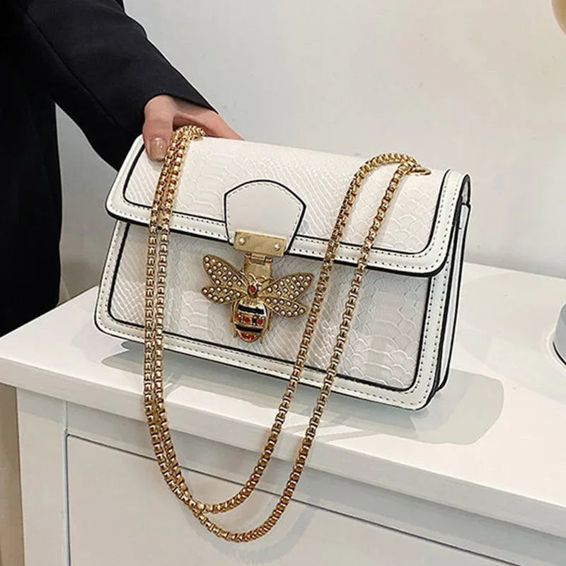 Crocodile Print Crossbody Bag Bee Lock Charm Chain