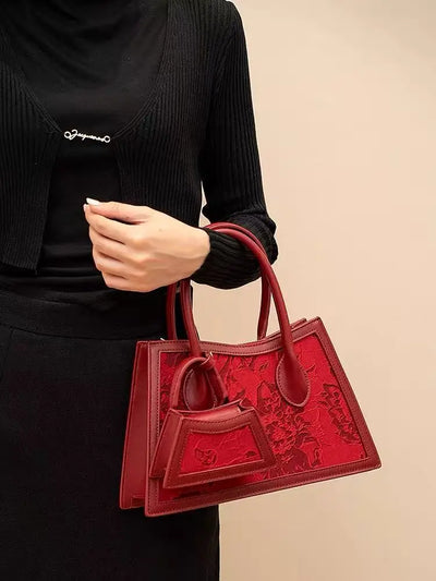 Handbag with Floral Embroidery Textured Structured Tote - WO2MEN