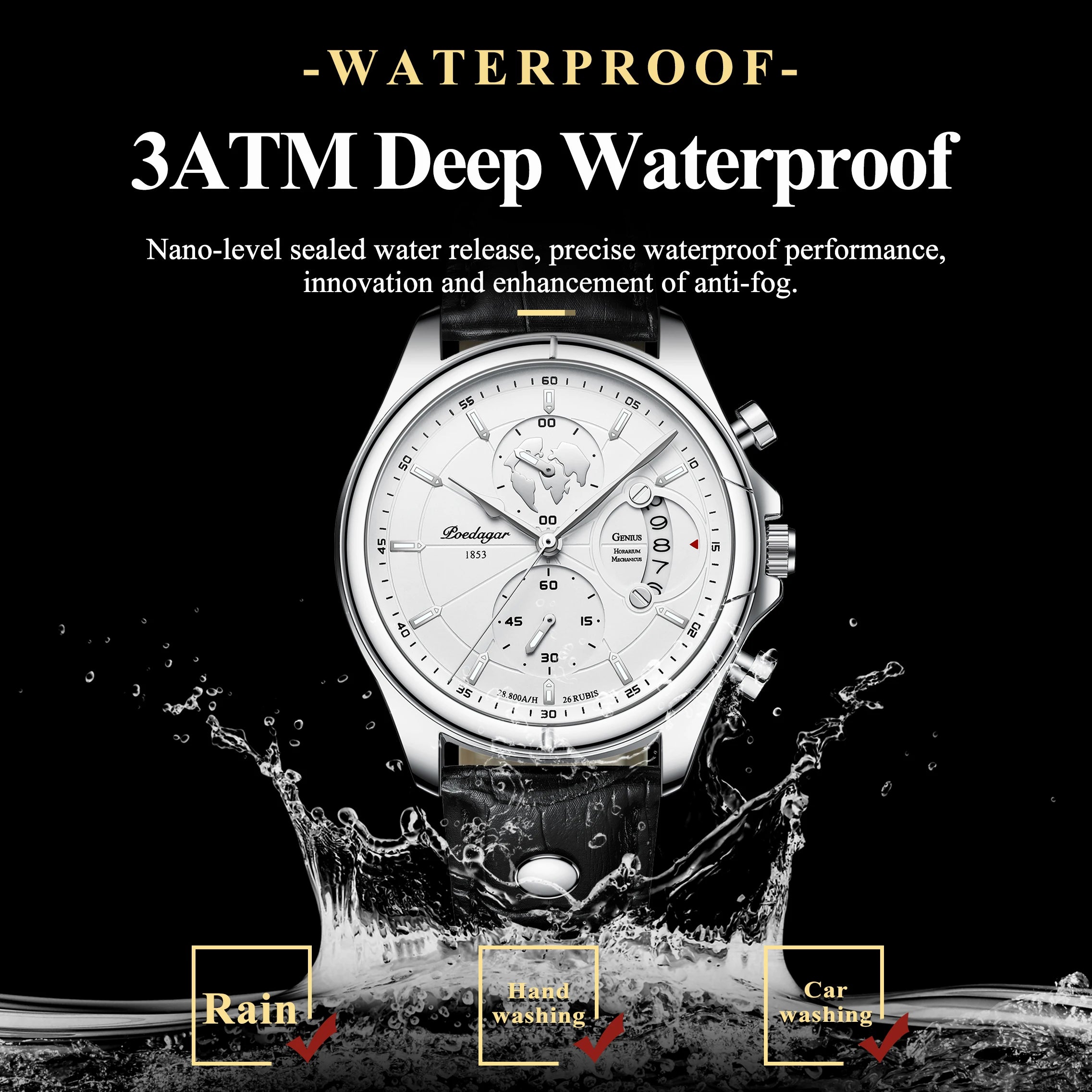 Chronograph Wristwatch World Map Dial Leather Strap