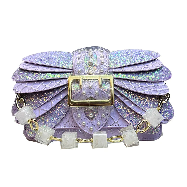 Pearl Winged Rivet Bag with Glitter Accents for Evening
