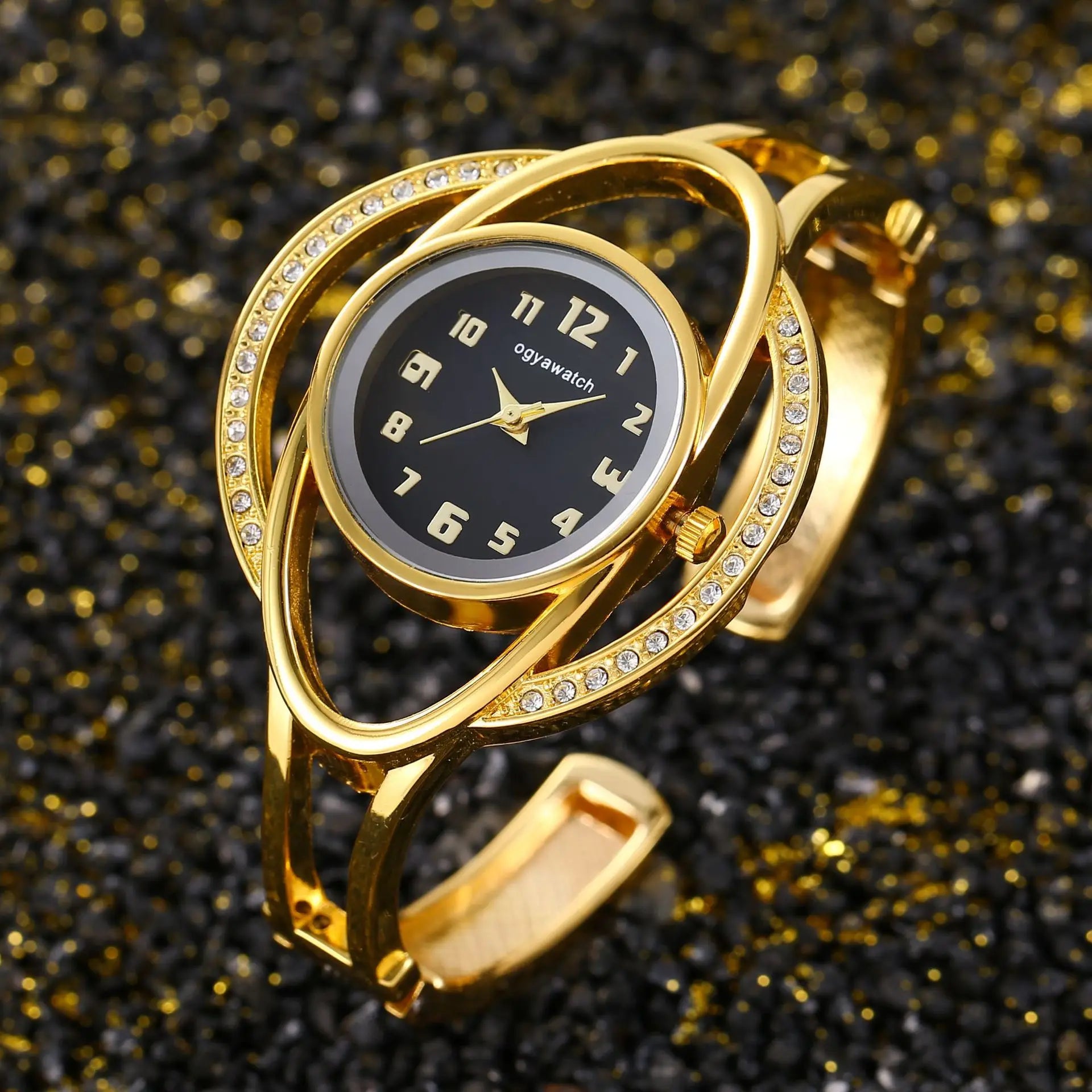 New Womens Gold Metal Wristwatch with Crystal Accents - Gold Black