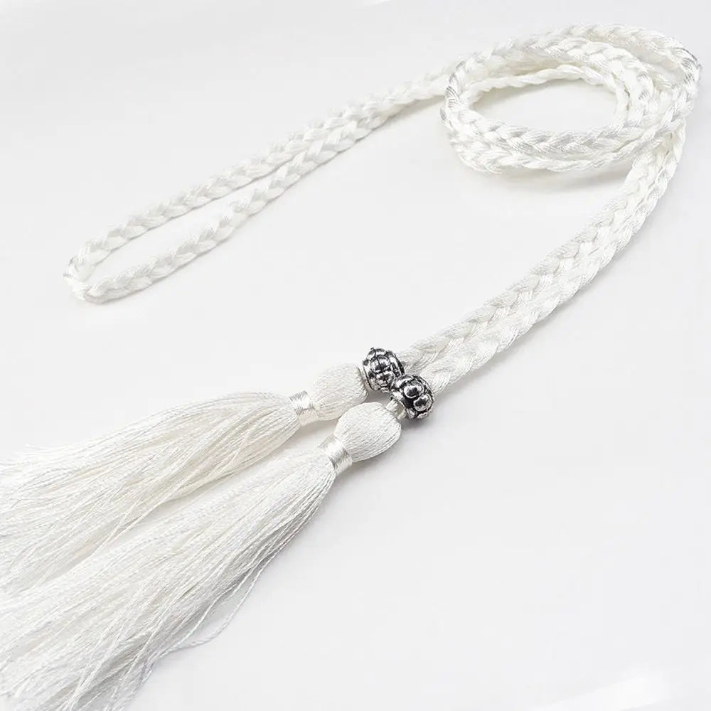 Elegant Braided Rope Tassel Belt for Women Waist - White
