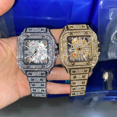 Iced Out Skeleton Square Dial Watch With Diamond Pave