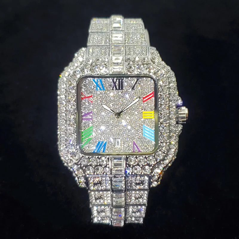 Diamond Paved Square Watch with Roman Numerals