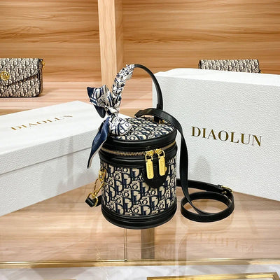 Embroidered Barrel Bag With Scarf Accent Shoulder Strap