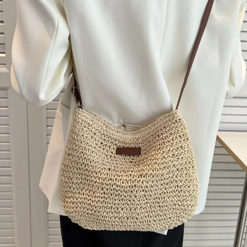 Summer Straw Crossbody Bag with Leather Strap