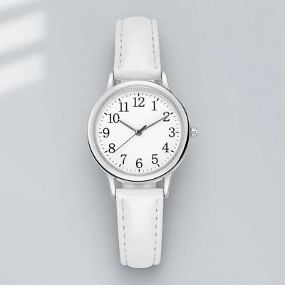 Quartz Watch with Simple Dial And Leather Strap - White