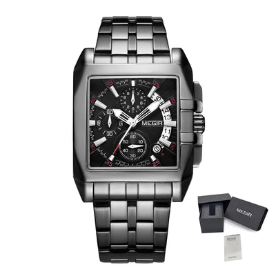 Chronograph Watch Square Dial with Calendar Date - All Black