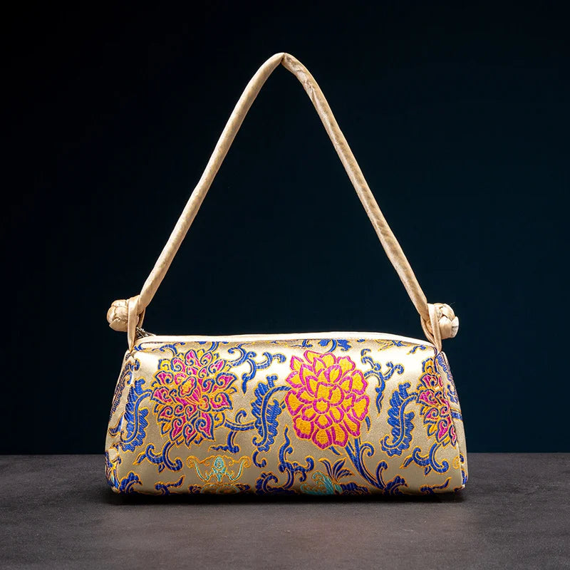Shoulder Bag Embroidered Silk Floral Detailing
