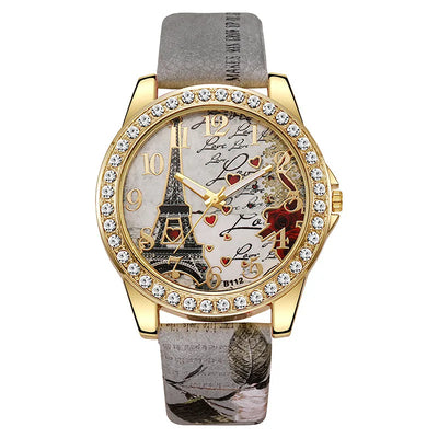 Eiffel Tower Dial Watch With Crystal Bezel Fashion