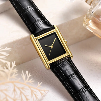 Rectangular Quartz Watch with Leather Strap Timeless
