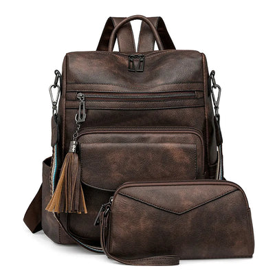 Backpack with Fringe Design and Multi Pocket Layout - Coffee