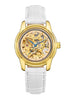 Women Automatic Skeleton Watch with Leather Strap - Golden White