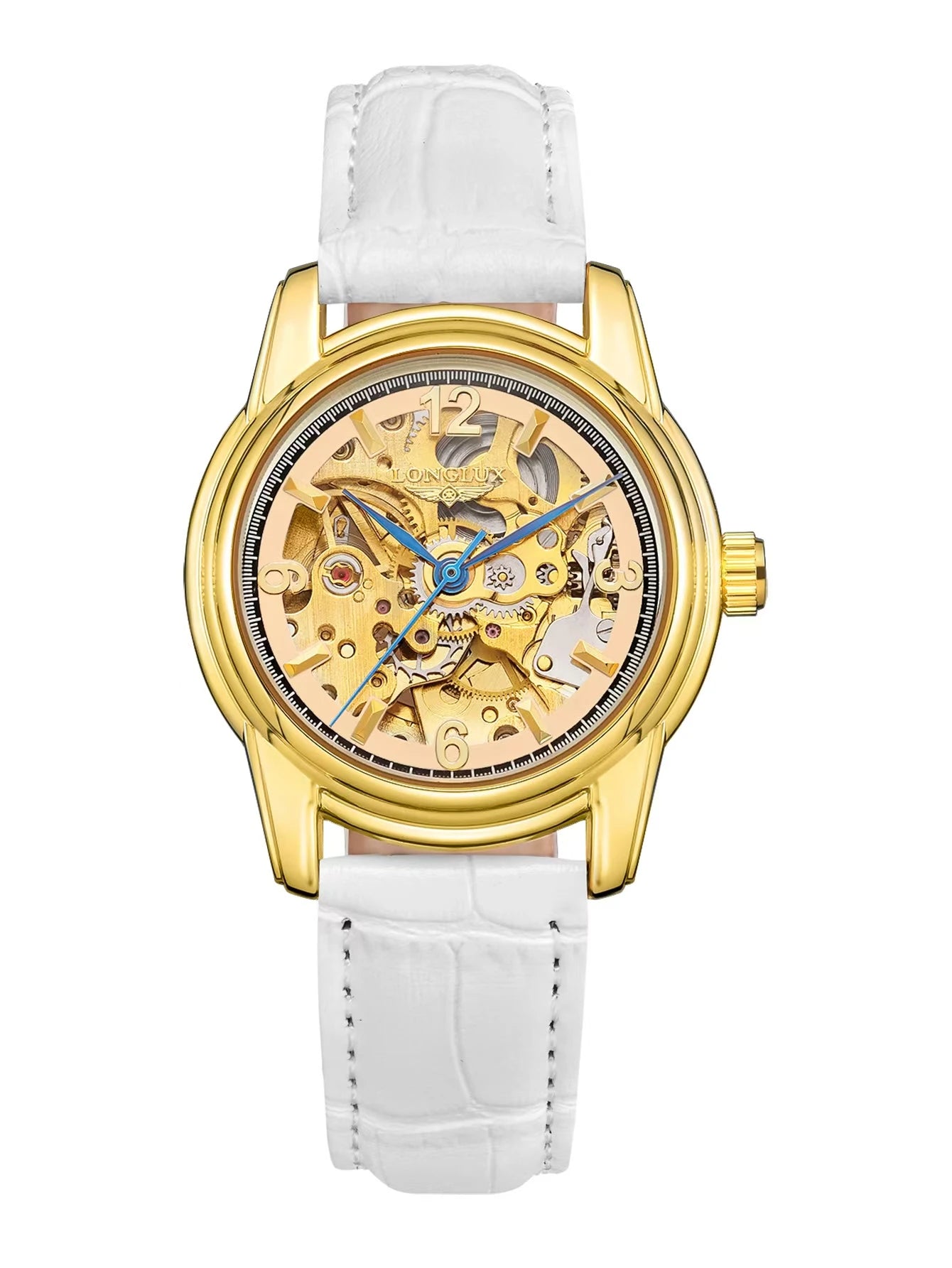 Women Automatic Skeleton Watch with Leather Strap - Golden White