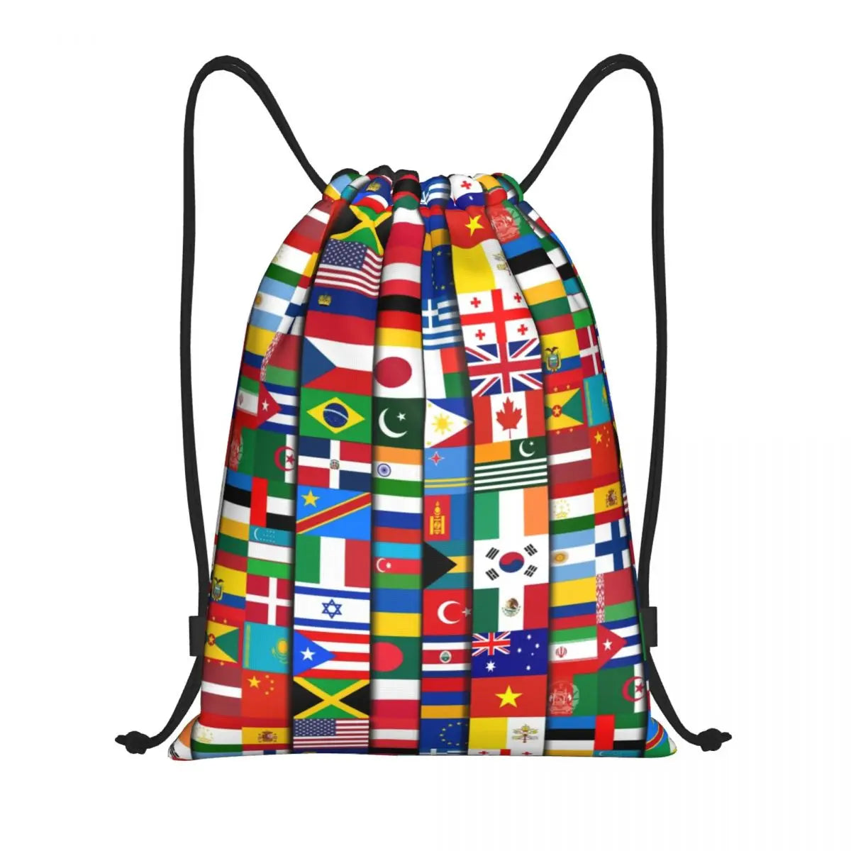World Flags Drawstring Backpack Unisex Travel Bag - Black