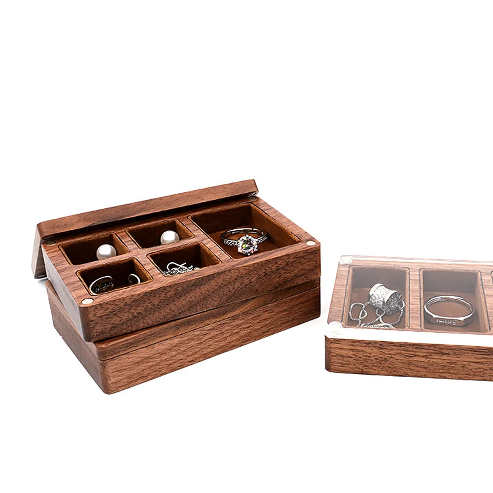 Walnut Jewelry Display Box with Six Compartments