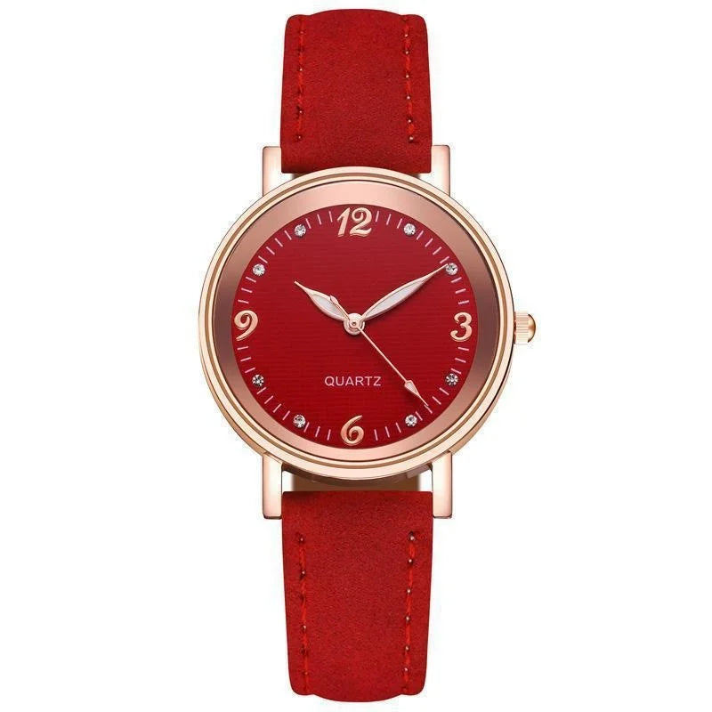 Women Leather Band Quartz Watch with Crystal Markers - Red