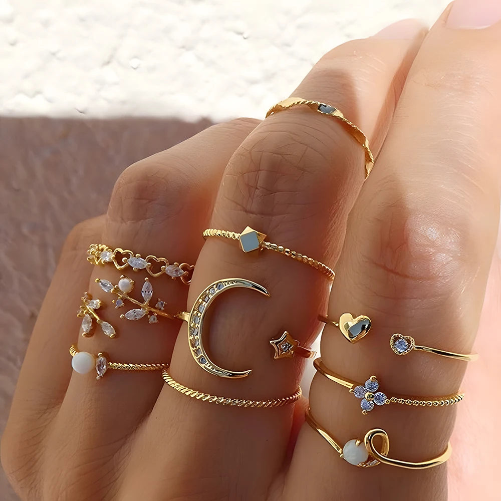 Bohemian Gold-Tone Ring Set for Women – 10pcs Stylish Mix