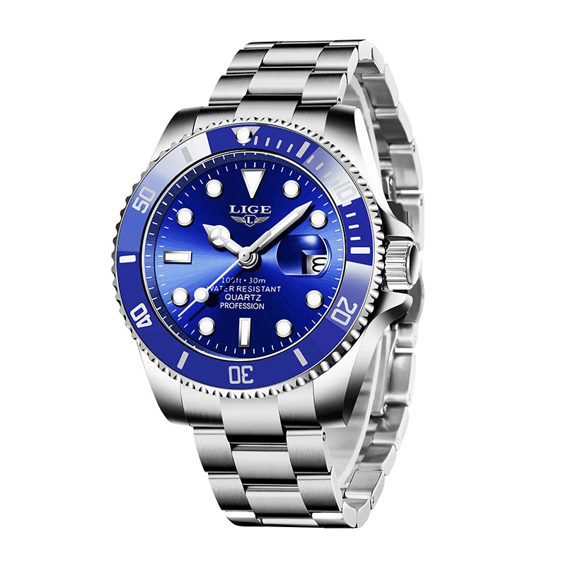 Diver Style Quartz Wristwatch with Date Premium - Silver Blue