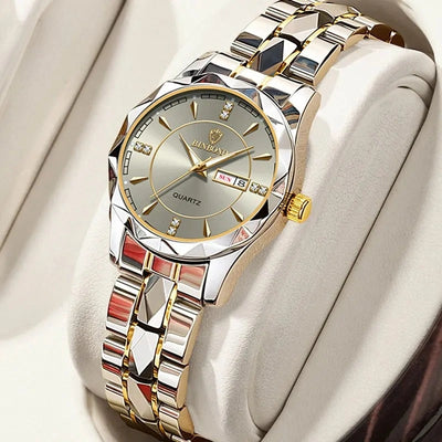 Watch With Diamond Markers And Faceted Bezel Details - WO2MEN