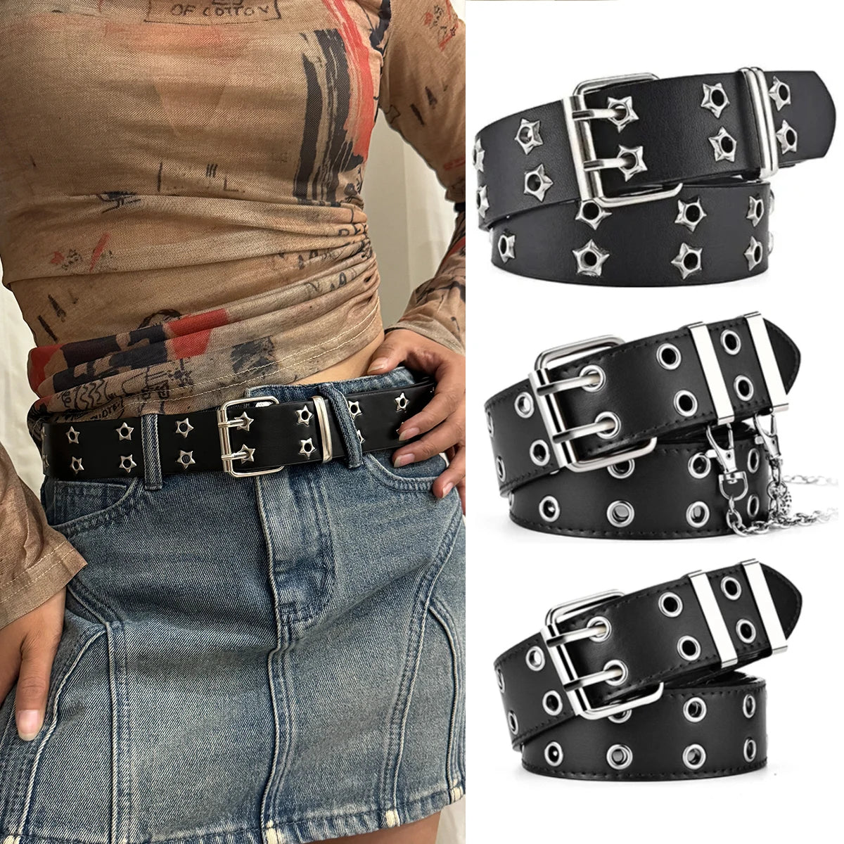 Belt Studded PU Leather Chain with Star Grommets