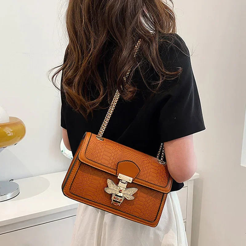 Crocodile Print Crossbody Bag Bee Lock Charm Chain