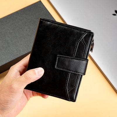 Retro Card Wallet With Zippered Coin Pocket and Strap - WO2MEN