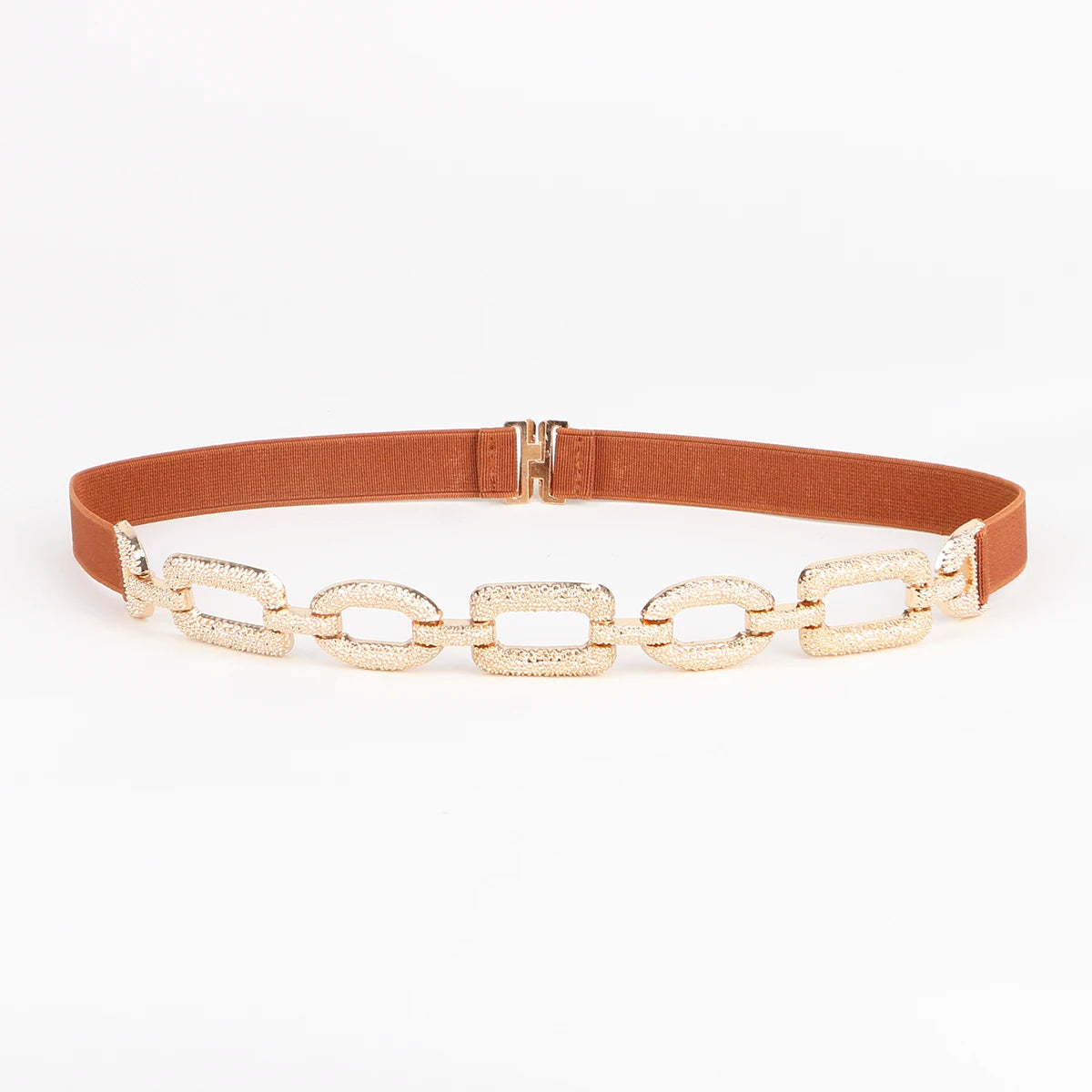 Floral Link Chain Belt with Elastic Strap Design - Camel