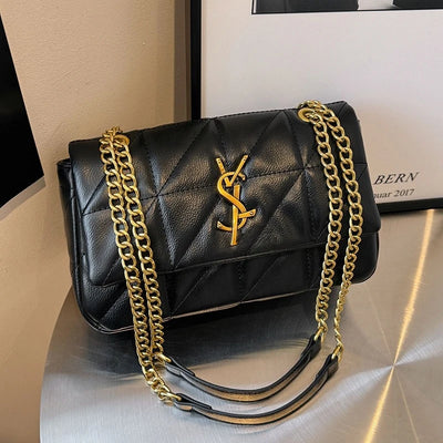 Quilted Chain Flap Shoulder Bag With Gold Logo Accent