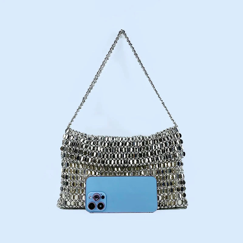 Sequin Disc Mesh Handwoven Shoulder Bag With Chain