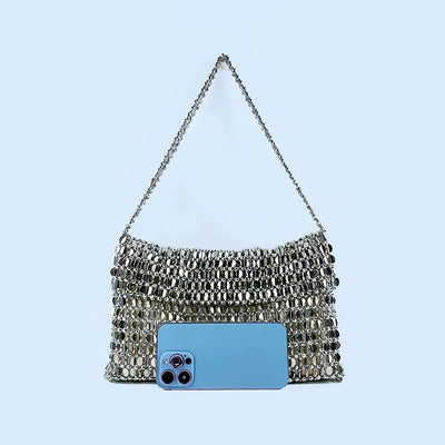 Sequin Disc Mesh Handwoven Shoulder Bag With Chain