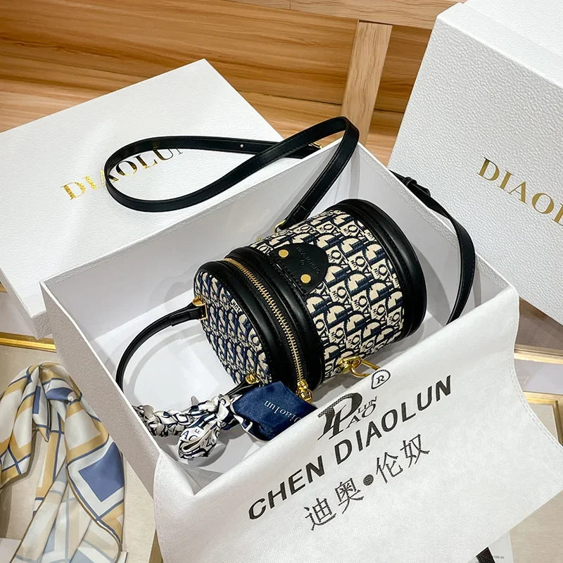Embroidered Barrel Bag With Scarf Accent Shoulder Strap