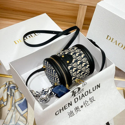 Embroidered Barrel Bag With Scarf Accent Shoulder Strap